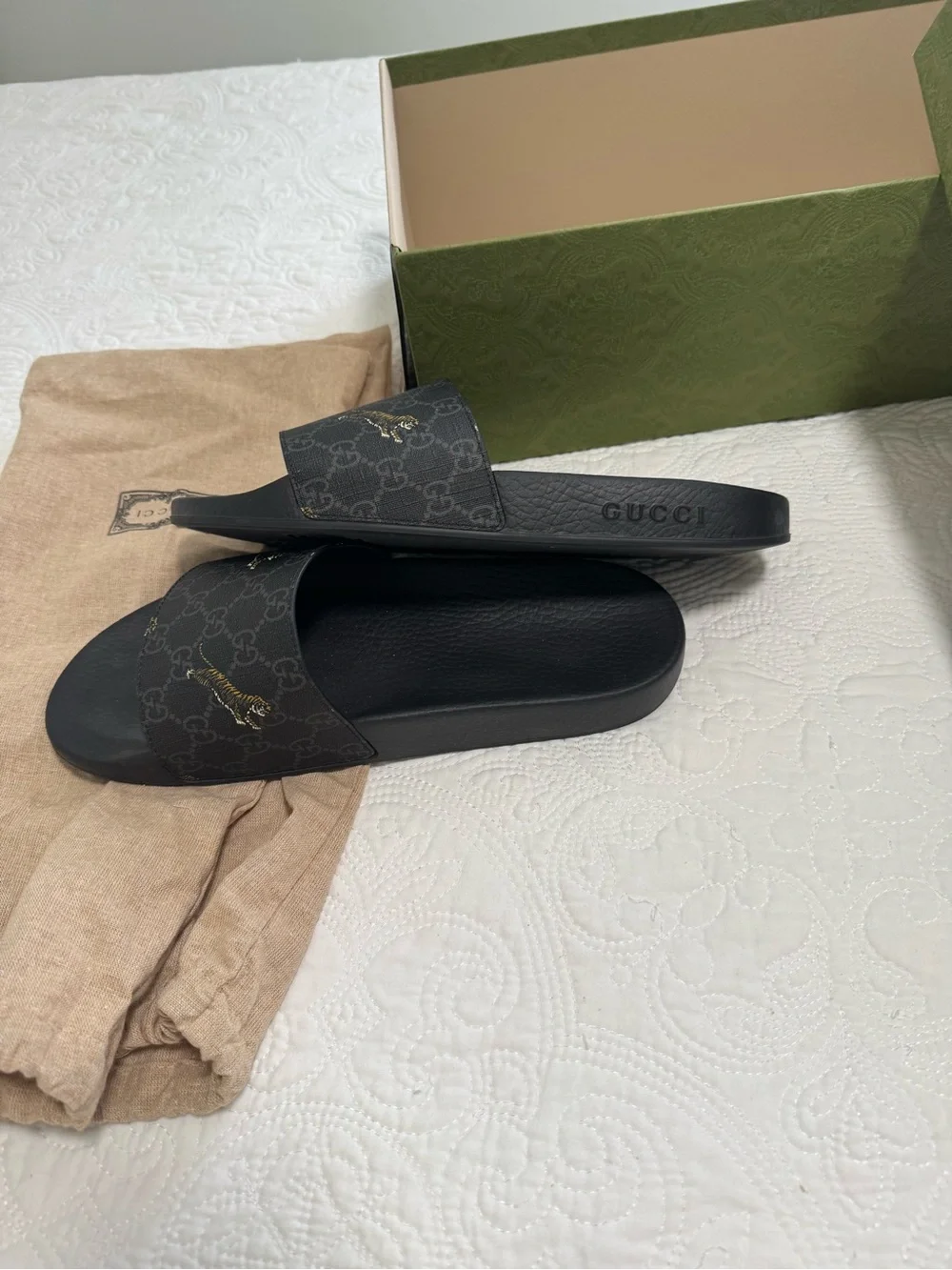 Gucci Black GG Supreme Slide Sandals with Gold Tiger Detail